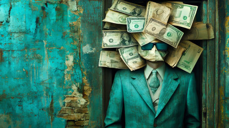 The Enigmatic Man in a Teal Suit A Surreal Encounter of Identity and Monetary Abstractionの素材