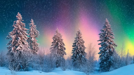 Stunning winter northern lights illuminate the snowy landscape under a starry night sky.の素材