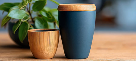 Dark Blue Reusable Coffee Cup with Eco Friendly Bamboo Lid on Wooden Surface for Sustainable Livingの素材