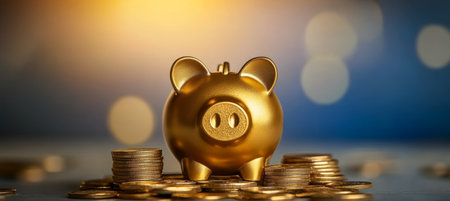 Golden Piggy Bank Representing Savings and Investments for Financial Growth and Wealth Accumulationの素材