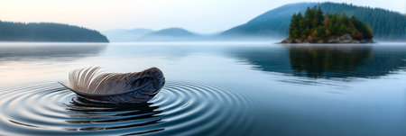 Serene reflections in a tranquil lake at dawn, with a single feather gently floating on the surface.の素材
