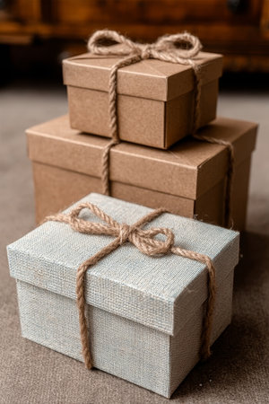 Stacked Gift Boxes Decorated with Jute Twine, Eco-Friendly Package Design for Rustic Celebrationsの素材