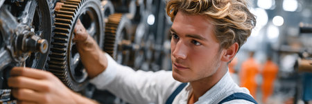 Artisan assembling aged mechanical equipment in a workshop, inspecting precise cogwheels.の素材