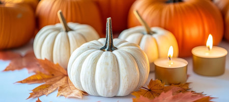 Cozy Autumn Decor Featuring White and Orange Pumpkins Surrounded by Warm Candles for Thanksgivingの素材