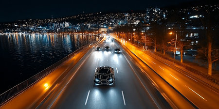 Futuristic autonomous car driving on a city freeway at night with illuminated skyline and trafficの素材