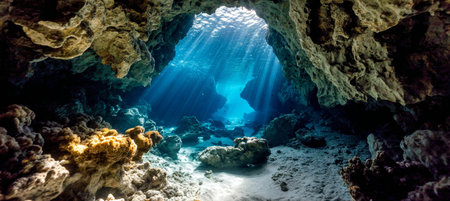 Stunning Underwater Grotto with Sunlight Streaming, Showcasing Vibrant Marine Life and Coral Reefsの素材