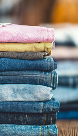 Stylish Denim Jeans Neatly Folded on a Rustic Wooden Table, Perfect for Fashion Retail Displayの素材