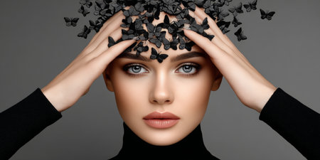 A Beautiful Woman s Mind in Torment Surrounded by Colorful Butterflies, Expressing Emotional Turmoilの素材