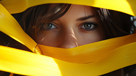 Enigmatic Portrait of a Woman with Mystical Gaze, Accentuated by Strips of Gold and Soft Lightの素材