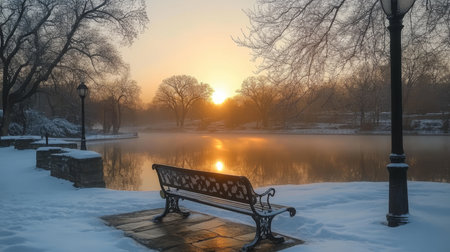 Winter Serenity Tranquil Bench by Frozen Lake at Sunrise with a Snowy Landscape Surrounding Itの素材