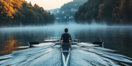 Early morning rowing on a tranquil lake the beauty of teamwork and fitness in serene nature.の素材
