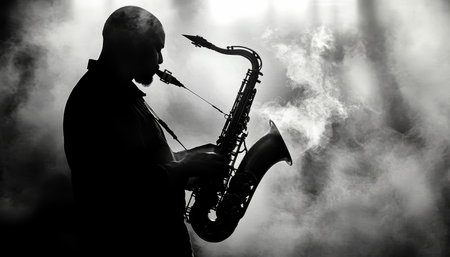 Dramatic Jazz Performance with Silhouette Saxophonist Surrounded by Billowing Smoke and Soft Lightの素材