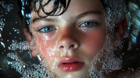 Teenager in Deep Thought While Submerged in Calm Waters, Capturing Melancholy and Inner Reflectionsの素材