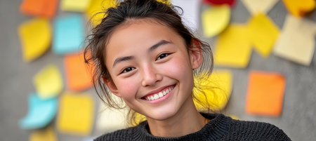 Cheerful Chinese Girl Smiling Brightly Surrounded by Colorful Sticky Notes, Radiating Positivityの素材