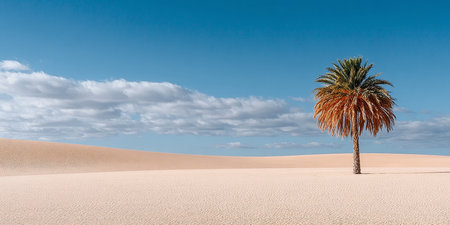 Lonesome palm tree standing tall under a dramatic cloudscape in a vast sandy desert landscape.の素材