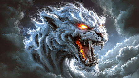 Majestic Fearsome Lion Roaring in a Stormy Sky, Glowing Eyes Exuding Power and Mystic Energyの素材