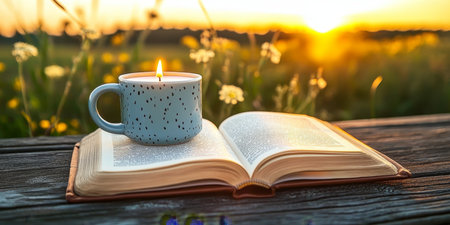 Cozy Reading Nook with a Beautiful Sunset Over the Countryside and a Warm Mug on Wooden Planksの素材
