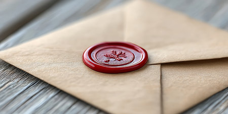 Nostalgic Letter in Kraft Envelope with Crimson Wax Seal on Vintage Aged Wooden Planks Backgroundの素材