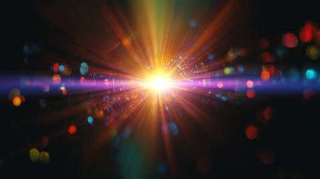Stunning Abstract Lens Flare with Radial Light Rays on Dark Background for Digital Design Projectsの素材