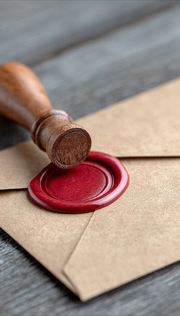 Antique Sealed Letter with Red Wax Seal on Rustic Wood Surface, Vintage Style, Confidential Documentの素材