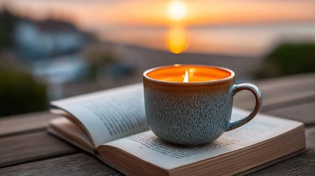 Intimate Moment of Cozy Relaxation with Warm Candlelight, Open Book, and Hot Coffee in Natureの素材