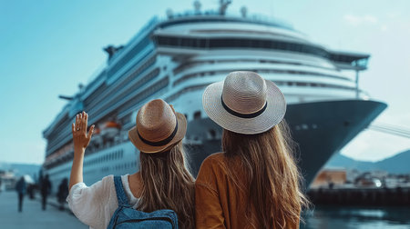 Excited women waving at a beautiful cruise ship, ready for an unforgettable vacation adventure.の素材