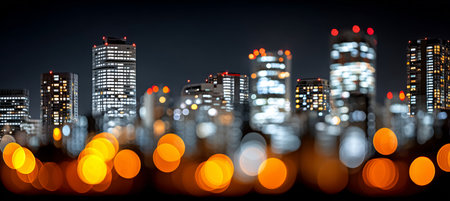A Vibrant Cityscape at Night with Glowing Lights and Soft Focus Creating an Enchanting Atmosphereの素材