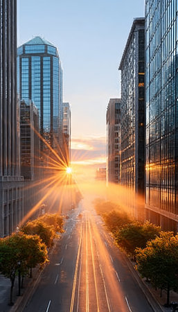 Urban Morning Illumination Stunning Sunrise Between Skyscrapers, A Golden Streetscape Displayの素材