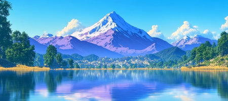 Stunning Pastoral Landscape with Majestic Mountains and Serene Lake for Outdoor Adventuresの素材