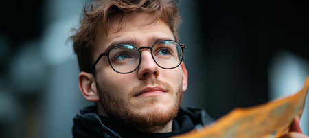 Lost in Thoughtful Contemplation Man Gazes Intently at Map, Seeking Direction for Adventure Aheadの素材