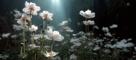 Tranquil Wildflower Garden Under a Bright Blue Sky, a Serene Oasis of White Blossoms and Natureの素材
