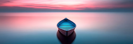 Serene Solitude A Small Boat Floating on a Tranquil Lake at Dusk with Colorful Twilight Reflectionsの素材
