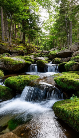Serene Forest Stream Flowing Over Mossy Rocks, Creating a Tranquil Ambiance in Nature s Beautyの素材