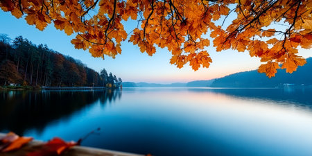 Serene Autumn Tranquility Featuring Vibrant Orange Leaves Reflecting in a Peaceful Lake at Sunsetの素材