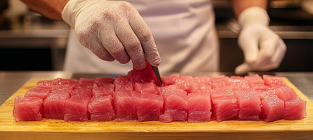 Premium Tuna Meat Cut with Precision, Showcasing Culinary Mastery and High-Quality Ingredientsの素材