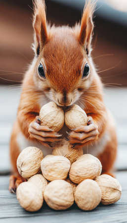 Adorable red squirrel clutching a pile of walnuts, preparing for winter in a colorful autumn forest.の素材