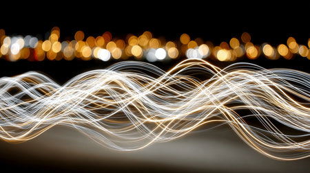 Abstract Light Painting Creating Colorful Streaks and Waves of Motion Against a Dark Backgroundの素材