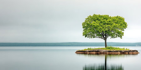 Serene Island with Lush Green Tree and Crystal Clear Water Reflecting a Perfect Tranquil Skyの素材