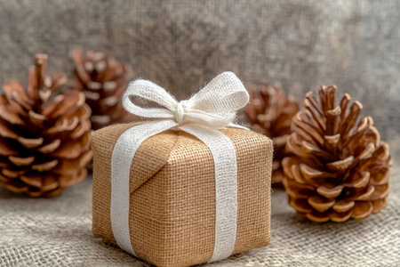 Rustic eco-friendly present tied with a woven ribbon for a minimalistic Christmas gift idea.の素材