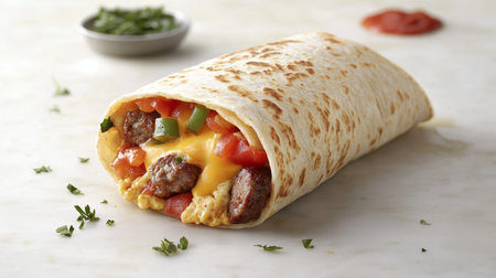 Delicious Breakfast Burrito Filled with Eggs, Cheddar Cheese, Sausage, and Colorful Bell Peppersの素材