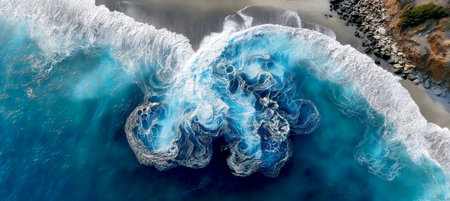 Stunning Aerial View of Gentle Ocean Waves Crashing on a Peaceful Sandy Beach at Sunsetの素材