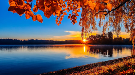 Serene Autumn Sunset Over Tranquil Lakeside with Vibrant Orange Foliage and Calm Blue Watersの素材