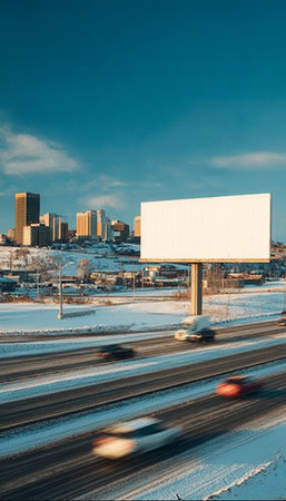 Blank Billboard Canvas Ready for Advertisement in Urban Freeway Scene with Cars and Bright Skyの素材