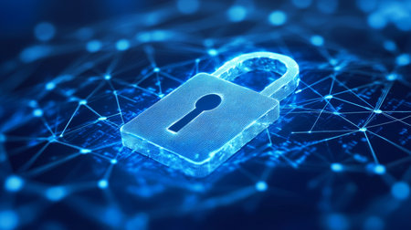 Digital Finance Security with Padlock Icon Protecting Transactions and Cybersecurity Elementsの素材