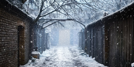 Serene winter alleyway featuring a snow-covered path through beautiful arches and textured wallsの素材