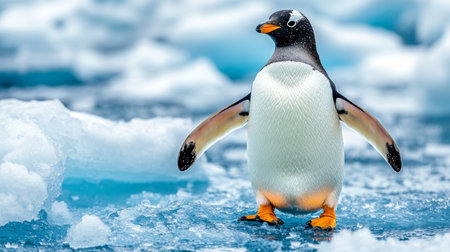 Gentoo Penguin Waddling Across an Ice Field in Antarctica, Captivating Wildlife Moments in Natureの素材