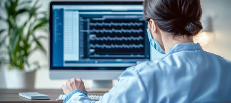 Medical Professional Analyzing Patient Healthcare Data and Reviewing Clinical Records on Screenの素材