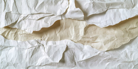 Crumpled Beige and White Paper Layers with Wrinkled Texture from Top View, Vintage Aged Designの素材