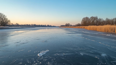 Winter Solitude A Serene Frozen Lake Reflecting a Clear Dusk Sky, Embracing the Calm of Winterの素材