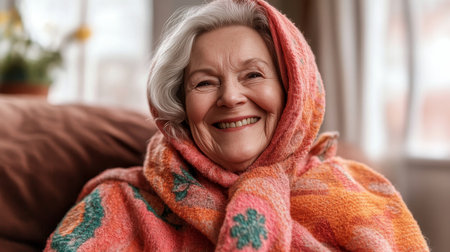 Smiling elderly woman wearing a scarf on her head, representing hope and recovery in health support.の素材
